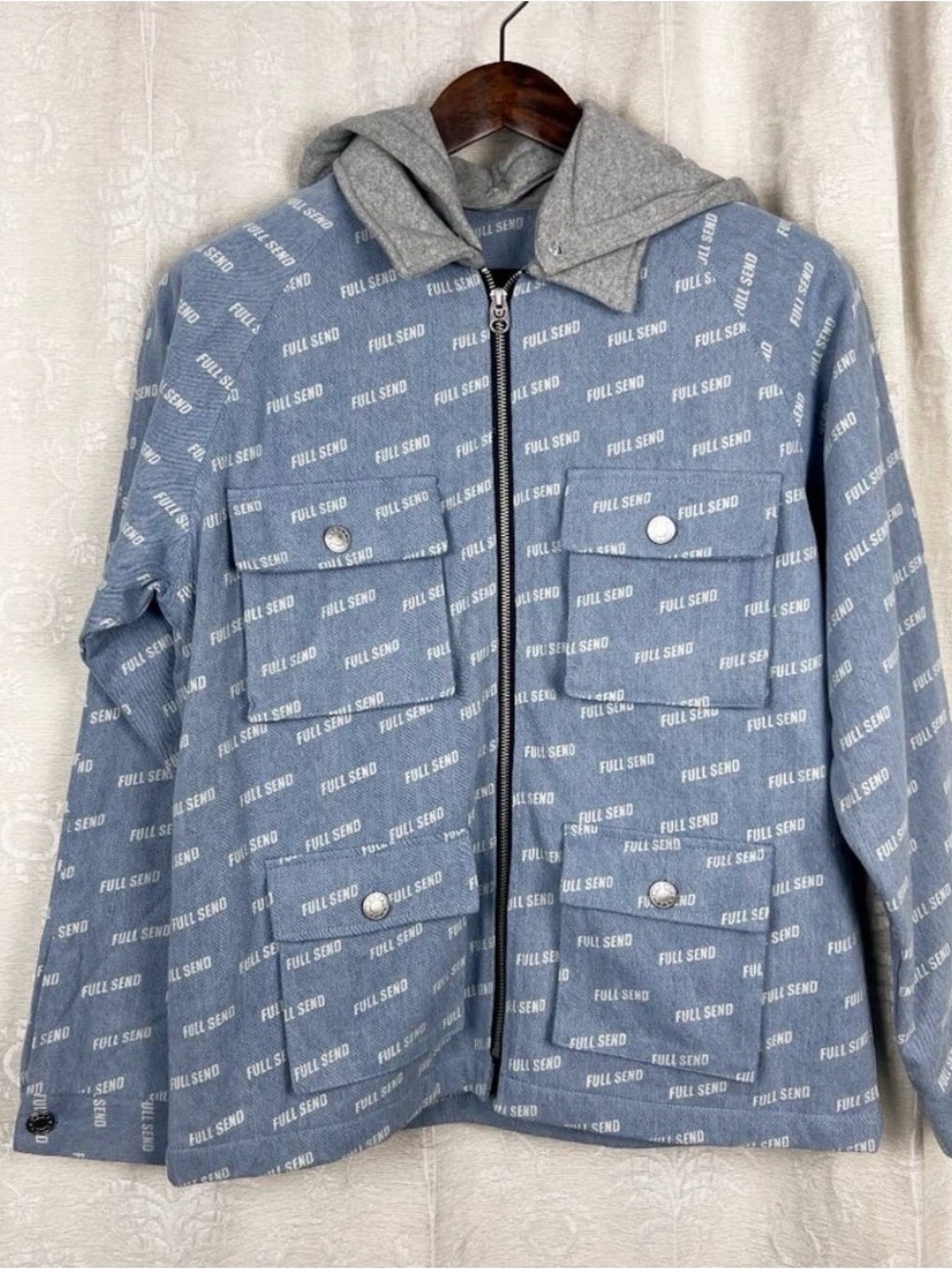 Full Send by NELK full zip denim utility jacket removable hood fleece lining